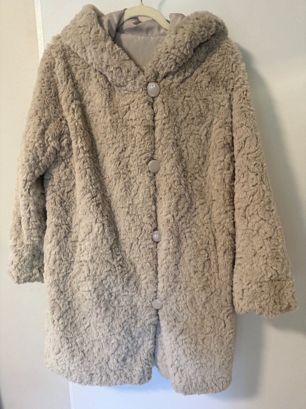 Joseph Ribkoff Reversible Faux Fur Teddy Coat with Hoodie - Soft Taupe - Small